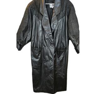 Vintage G-III Black Leather Long Coat Animal Print Sleeves Witchy Grunge Punk LG